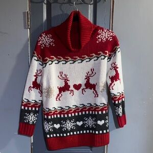 Festive Red and White Reindeer Turtleneck Sweater